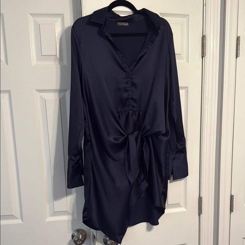 Elegant Aqua  navy Blue Satin Blouse